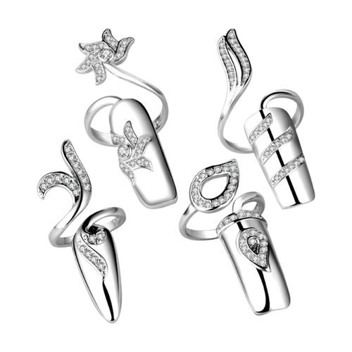  4 PCS Rhinestone Finger Tip Nail Ring Adjustable