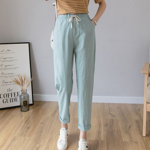 Fashion (Bean Green 1)Autumn Cotton Linen Pants Women Candy Color