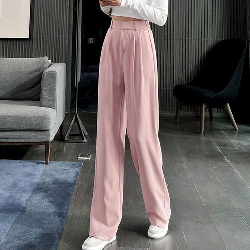 Waisted Solid Women's Trousers Mid Leg Casual Wide Straight Baggy