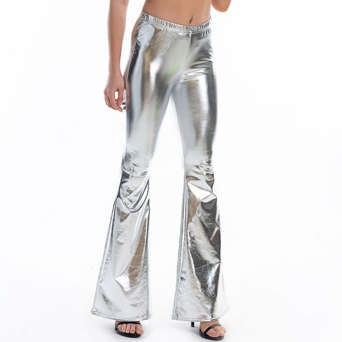 Fashion (Silver) PU Leather Metallic Pants Shiny Holographic Flare Pants  Women Girls Bodycon Elastic Waist Bell Bottom Trousers Clubwear DOU @ Best  Price Online
