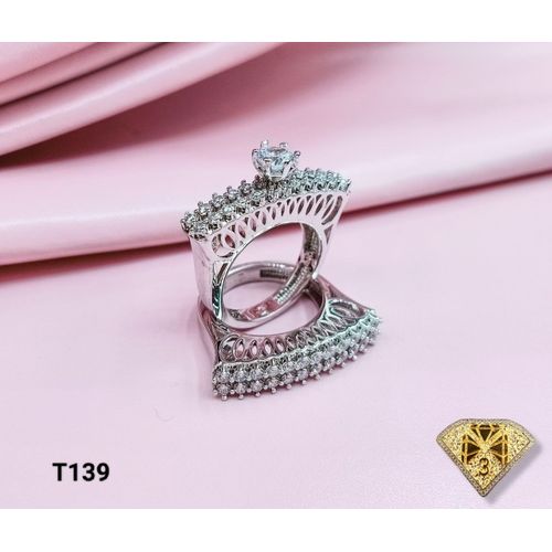 product_image_name-3Diamonds-خاتم توينز ثلاثي الألماس مطلي بالبلاتين للنساء مع حجر الزركون - فضي-3