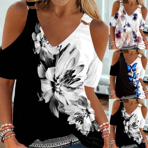 Fashion (Wine-a) Print Off Shoulder Ladies Tops Summer V Neck