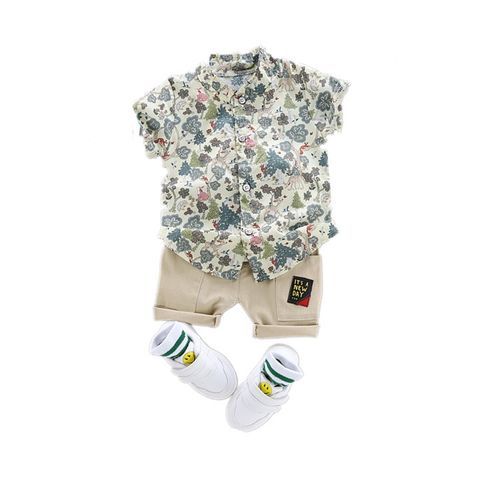 Buy Fashion Boys Flowers Printed Shirt + Short Pant Cotton Suit - Yellow in Egypt