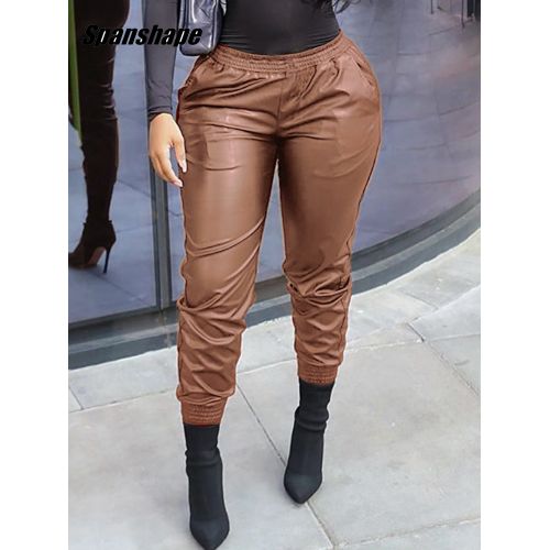 Fashion (Brown)Women Faux Leather Cargo Pants Jogger Thick Tummy