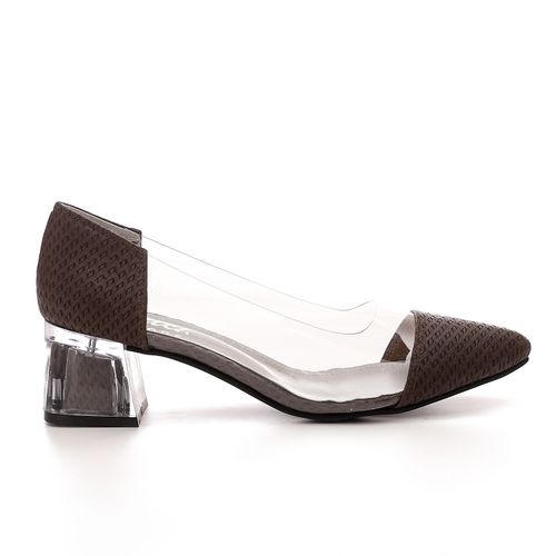 Buy Snatch Pointed Striped Leather Mid Heels - Brown & Transparent in Egypt