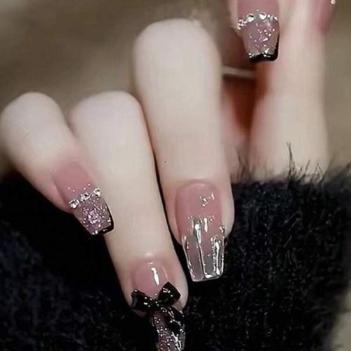 product_image_name-SHEIN-Nude & Black French Glitter Press-On Nails – Square Shape with 3D Bow-1