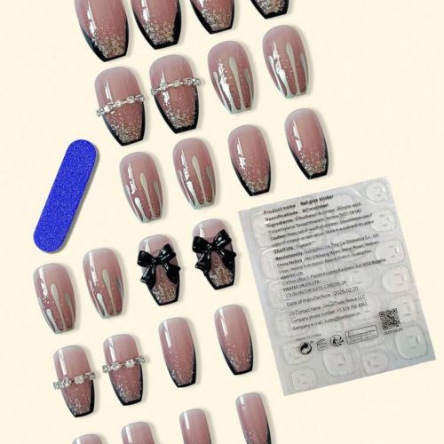 product_image_name-SHEIN-Nude & Black French Glitter Press-On Nails – Square Shape with 3D Bow-3