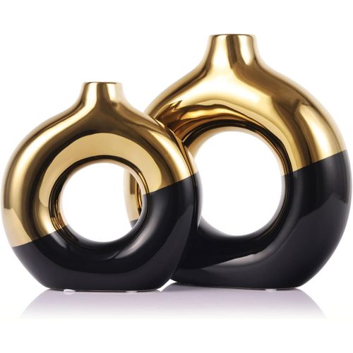 product_image_name-Generic-مجموعة مزهريات سيراميك بتصميم دائري مجوف بنمط بوهيمي عصري لديكور المنزل وطاولة السفرة والرفوف أو كقطعة مركزية، للزهور وعشب البامباس، لون ذهبي وأسود، قطعتين-1
