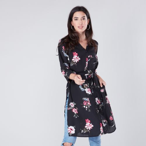 Max Floral Printed Tunic with Collar Neck and Waist Belt - MULTISHADE BLACK
