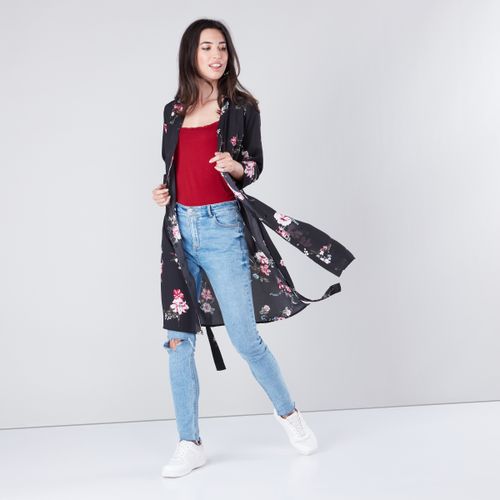 Max Floral Printed Tunic with Collar Neck and Waist Belt - MULTISHADE BLACK