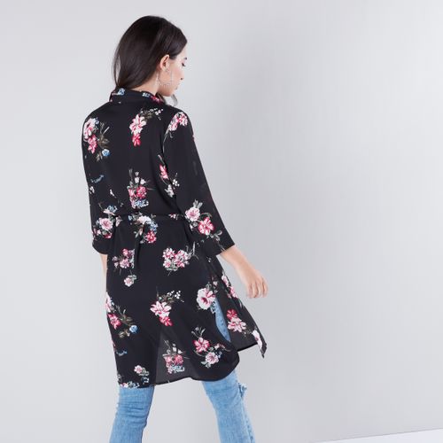 Max Floral Printed Tunic with Collar Neck and Waist Belt - MULTISHADE BLACK