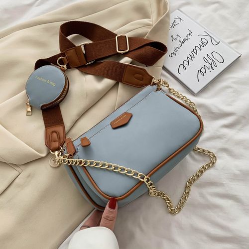 Fashion blue fashion Chains Women Shoulder Bags Designer Wide Strap Messenger Bags Luxury Pu Leather Crossbody Bag Lady Small Purse 3 Bag Set DON Best Price Online Jumia Egypt
