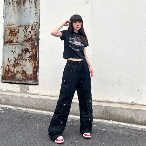 High Waisted Multi Pocket Black Cargo Pants