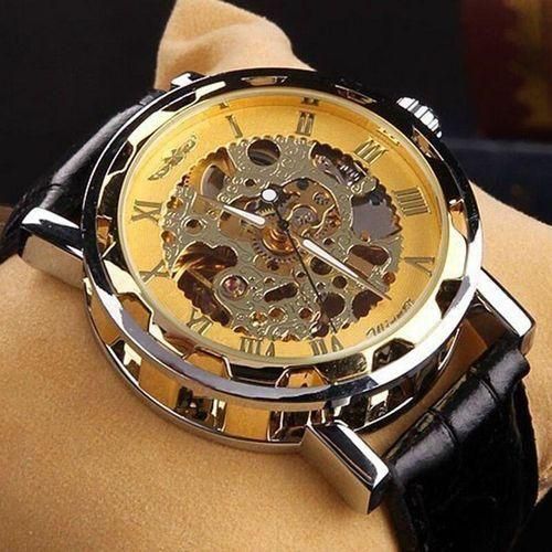 Men Mechanical Wrist Watch With Black Leather Strap 1pc Luxury Stainless Steel Skeleton Mechanical Watch For Business