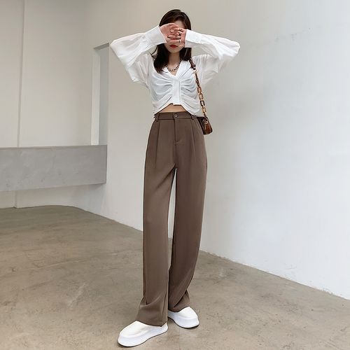 Fashion (Camel)2023 Straight Office Lady Style Lose Wide Leg Pants Women  Basic Solid Simple Street Thin Autumn Woman Trousers DOU @ Best Price  Online