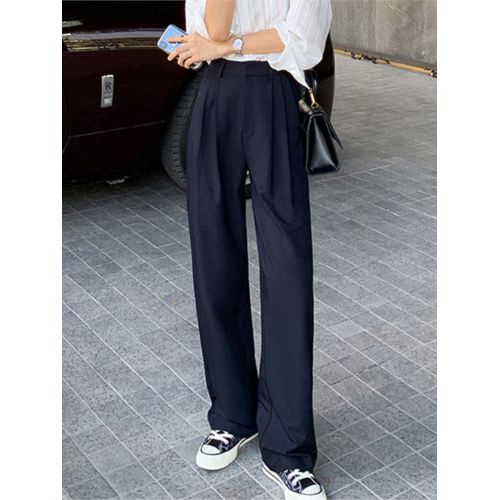 2023 New Retro Straight Wide Leg Brown Pants Vintage Female Korean High  Waist Casual Long Navy Blue Pants White Beige Trousers