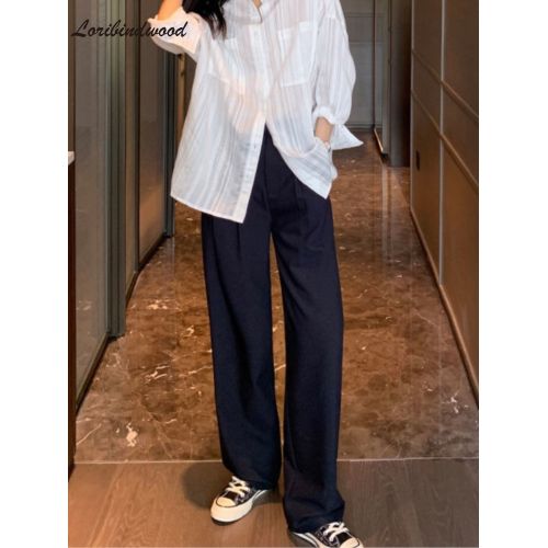 Fashion (APRICOT)2023 New Retro Straight Wide Leg Brown Pants Vintage Female  Korean High Waist Casual Long Navy Blue Pants White Beige Trousers DOU @  Best Price Online