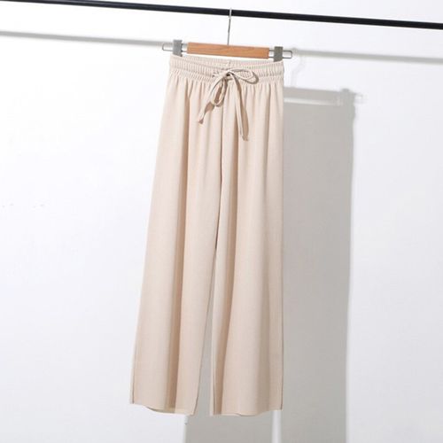 Fashion (Beige)Solid Color Ice Silk Women Pants Casual High-waist Drape Ladies  Wide-leg Trousers Slim Straight Full Elastic Lace-Up Long Pants DOU @ Best  Price Online