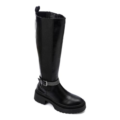 Dejavu Side Elastic Knee Boots With Strass Buckle Belt Black