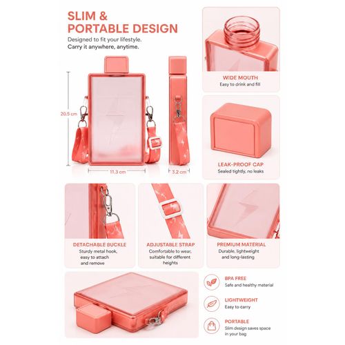 Generic 450ml Flat Water Bottle with Adjustable Shoulder Strap – Portable Rectangular Design - image 6