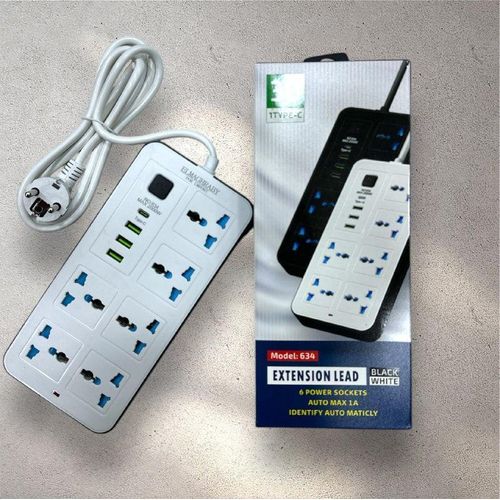 product_image_name-Generic-مقبس تمديد الطاقة، مشترك USB، 3 منافذ USB ومنفذ Type-C، 6 مقابس طاقة حائطية، حماية من الحمل الزائد، مفتاح تشغيل، باب أمان للأطفال، سلك تمديد بطول 2 متر - شحن تلقائي بقوة 1 أمبير كحد أقصى، الطراز: 634-1