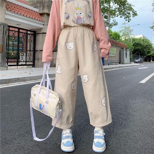 Fashion (Khaki)Japanese Kawaii Soft Girl Cute Bear Printing Women Pants  Basis Wild High Waist Loose Trousers Elastic Waist Casual Student Pant DOU  @ Best Price Online