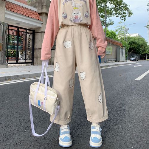 Fashion (Khaki)Japanese Kawaii Soft Girl Cute Bear Printing Women