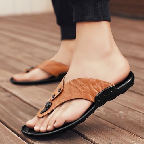 Buy Mens Trend Leather Flip Flops Summer Slippers Brown in Egypt