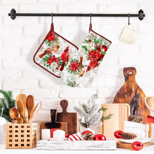 product_image_name-Generic-طقم قفازات فرن وحوامل أواني من قطعتين 100% قطن سميك لعيد الميلاد، قفازات فرن ميكروويف ناعمة ومقاومة للحرارة لطهي وتحميص الطعام (طائر عيد الميلاد الأحمر)-3