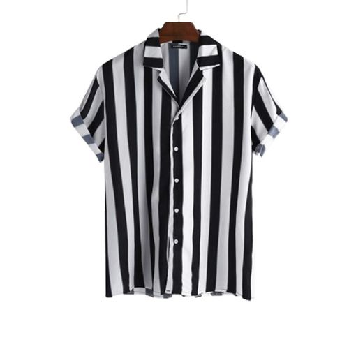 Generic 1PC Men Button Down Short Sleeve Striped Shirt Black and