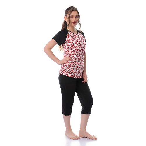 Kady Patterned Short Sleeves Pajama Set - Maroon