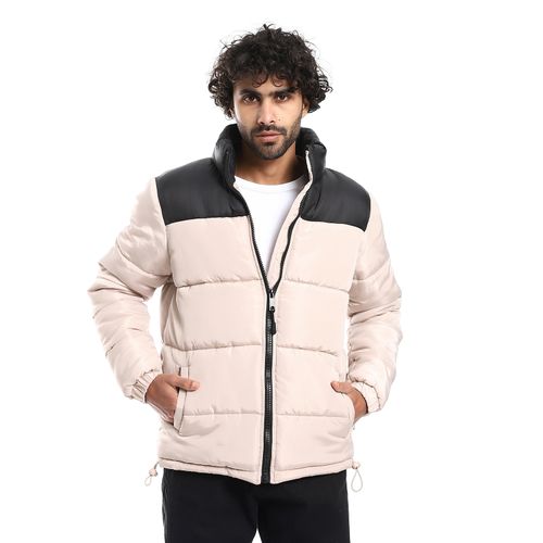 Buy Pavone Quilted Pattern Long Sleeves Puffer Jacket - Black & Beige in Egypt