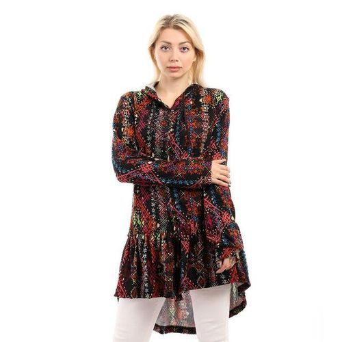 Buy Andora Hi-Low Ruffle Trim Patterned Winter Shirt - Orange & Black in Egypt