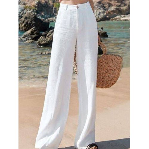 Women Casual Elastic High Waist Loose Pants Wide Leg Cotton Linen Trousers  Solid