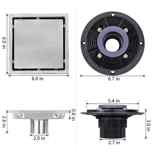 Square Shower Floor Drain, Shower Drain Kit with Flange, Removable Grid  Cover, Filter