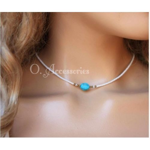 Buy O Accessories Necklace Choker White Beads , Turquoise Ston Blue ,behind Chain Silver in Egypt