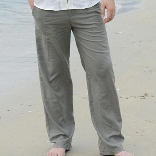 Mens Pants Loose Cotton Linen Straight Pants Elastic Waist Casual Long  Trousers 