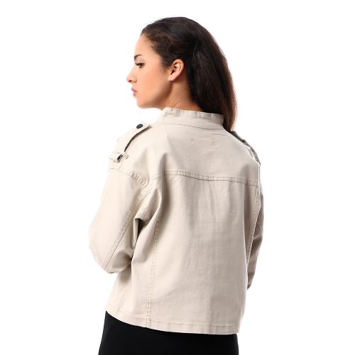 Sera Macaw High Neck Buttoned Gabardine Jacket - Beige