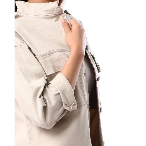 Sera Macaw High Neck Buttoned Gabardine Jacket - Beige