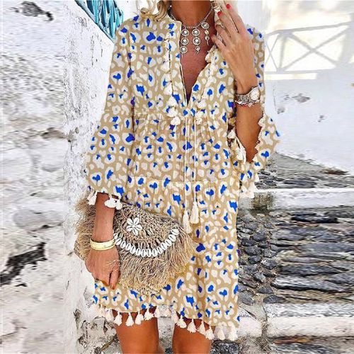 Fashion (Khaki)Summer V Neck Tassel Beach Dress Spring Vintage