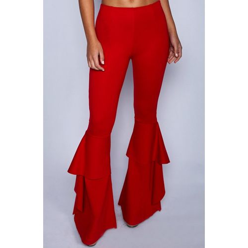 Fashion red Easy Chic Vintage Ruffles Trousers Women High Waist
