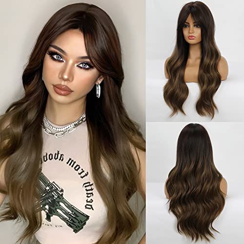 Long brown wigs no bangs cheap