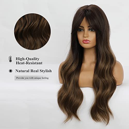 Long brown wigs no bangs sales