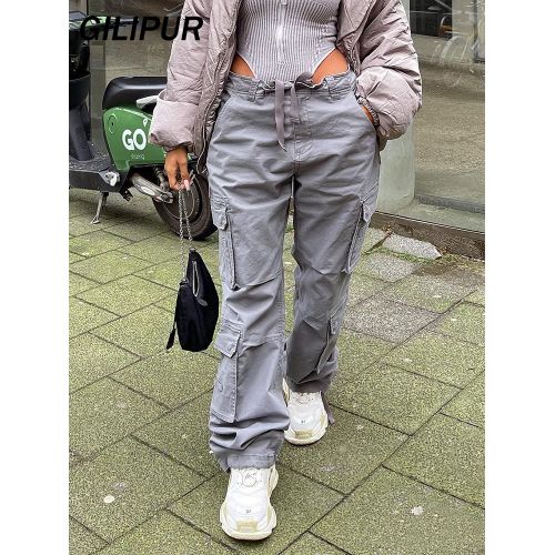 Vintage Baggy Jeans Women Pockets Wide Leg Cargo Pants Straight Denim  Trousers