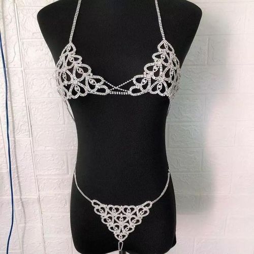 Fashion heart-shaped crystal Bra Bikini body strap sexy underwear
