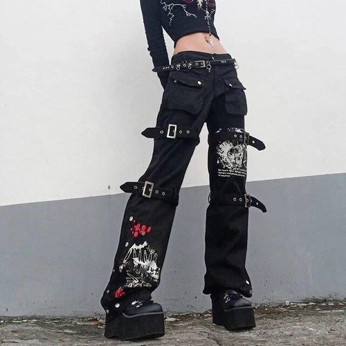 16 Jeans Emo Dark Cyber Y2k Pants Cargo Jeans Gothic Punk Rivets Black  Women hot pants @ Best Price Online