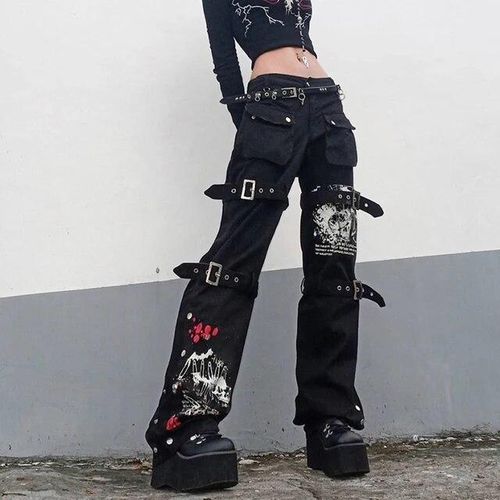 16 Jeans Emo Dark Cyber Y2k Pants Cargo Jeans Gothic Punk Rivets Black Women  hot pants @ Best Price Online