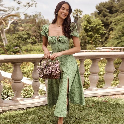 Fashion (Green)Floral Print Dress Sweet Square Neck Puff Sleeve Side Spilt  Drawstring Maxi Dresses For Women Party Chic Casual Outfits DOU @ Best  Price Online