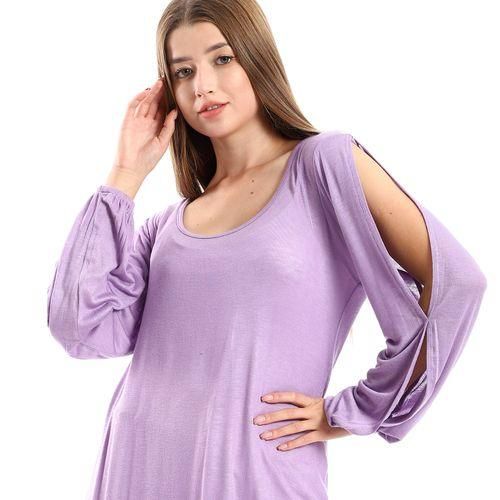product_image_name-Kady-Wide Round Collar Tunic With Sided Sleeves Slits - Lavender-3