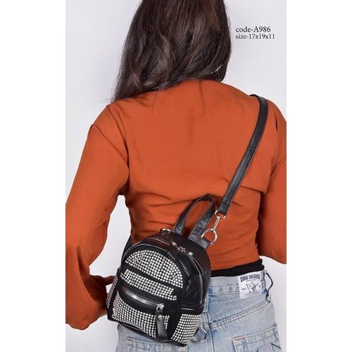 product_image_name-Generic-Women's Small Backpack Leather Black With Silver Rivets For Daily Us-6